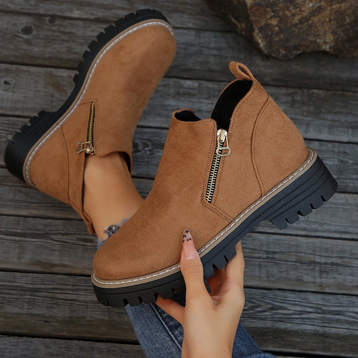 Women’s Round Toe Ankle Boots with Side Zipper