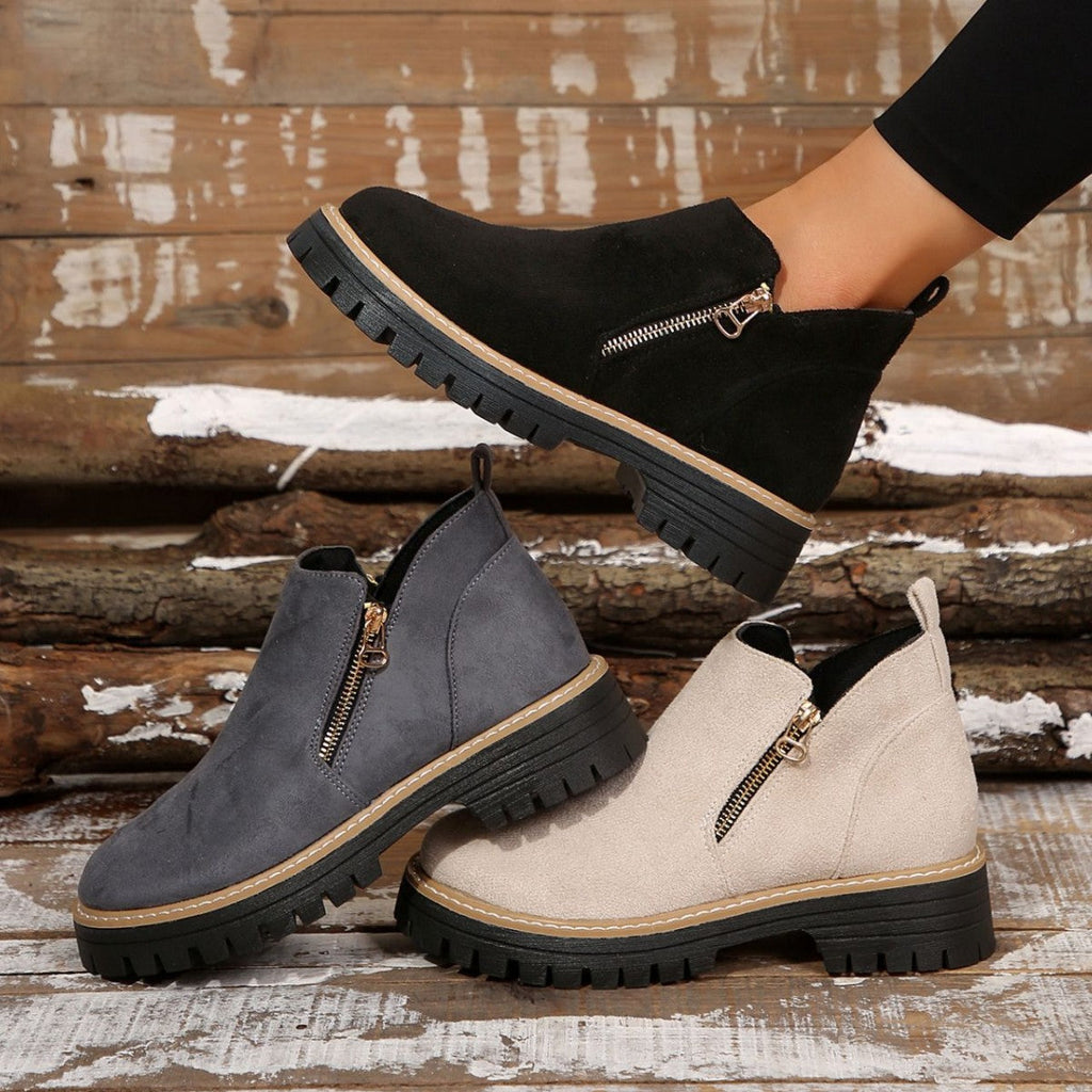 Women’s Round Toe Ankle Boots with Side Zipper