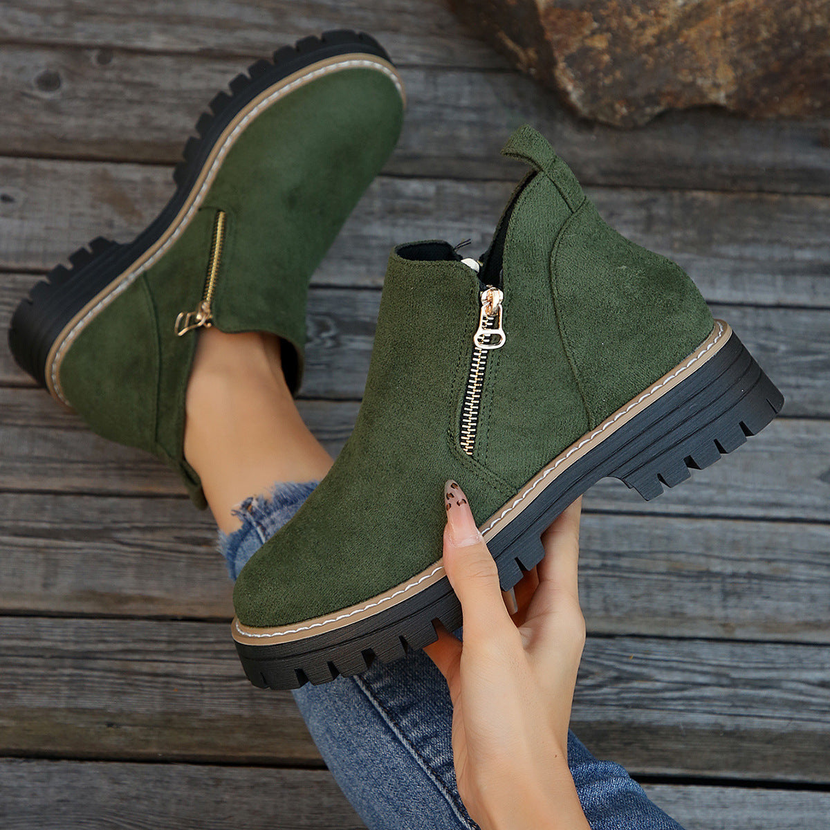 Women’s Round Toe Ankle Boots with Side Zipper