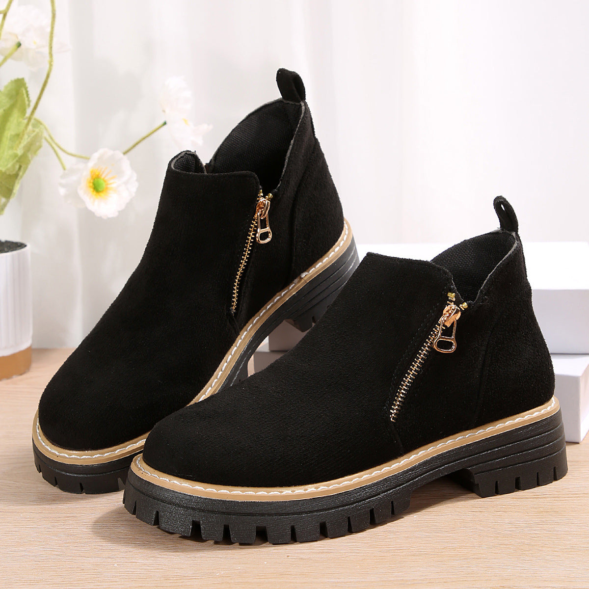 Women’s Round Toe Ankle Boots with Side Zipper