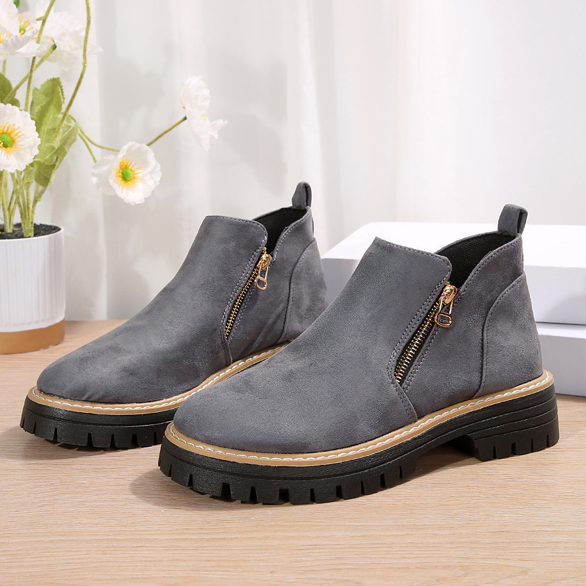 Women’s Round Toe Ankle Boots with Side Zipper